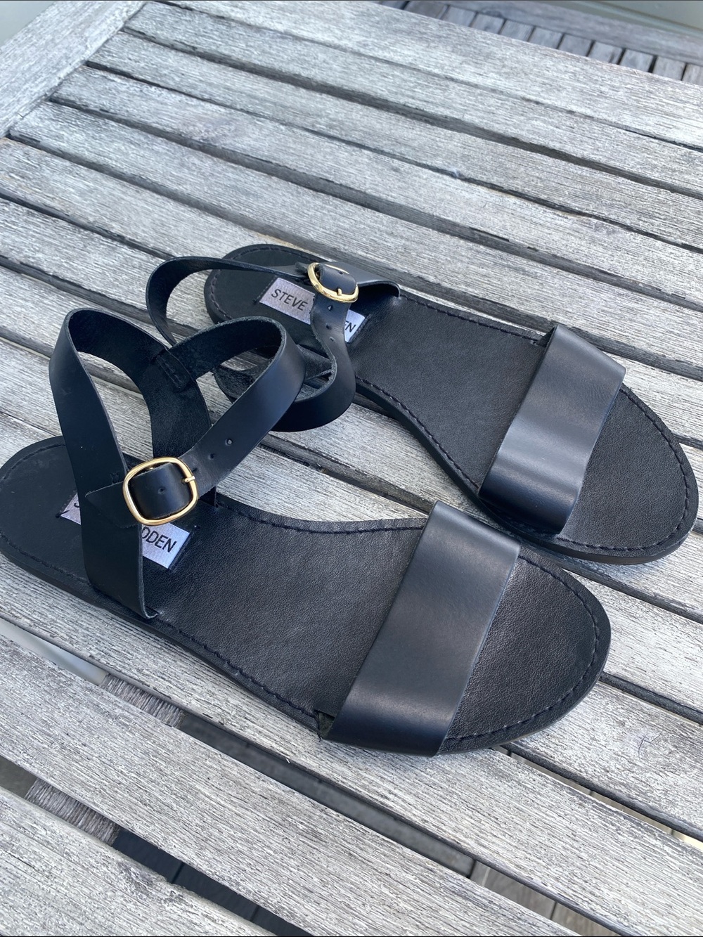 Steve Madden Black Leather Cross-Strap Sandals with Gold Buckles